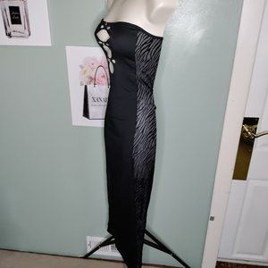 Off Shoulder Bandage Sheer Sides Midi Dress 3 Rhinestone Accents